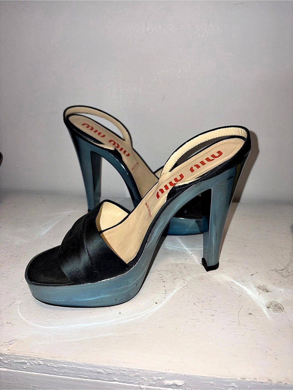 Miu Miu Platform Peep-Toe Heels in Black & Blue